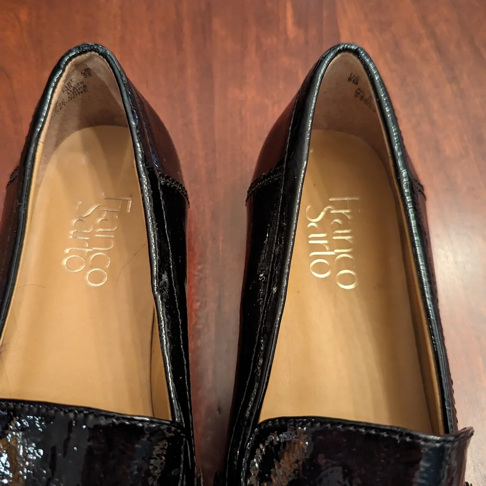 Franco Sarto Persephone black patent flats, size 8